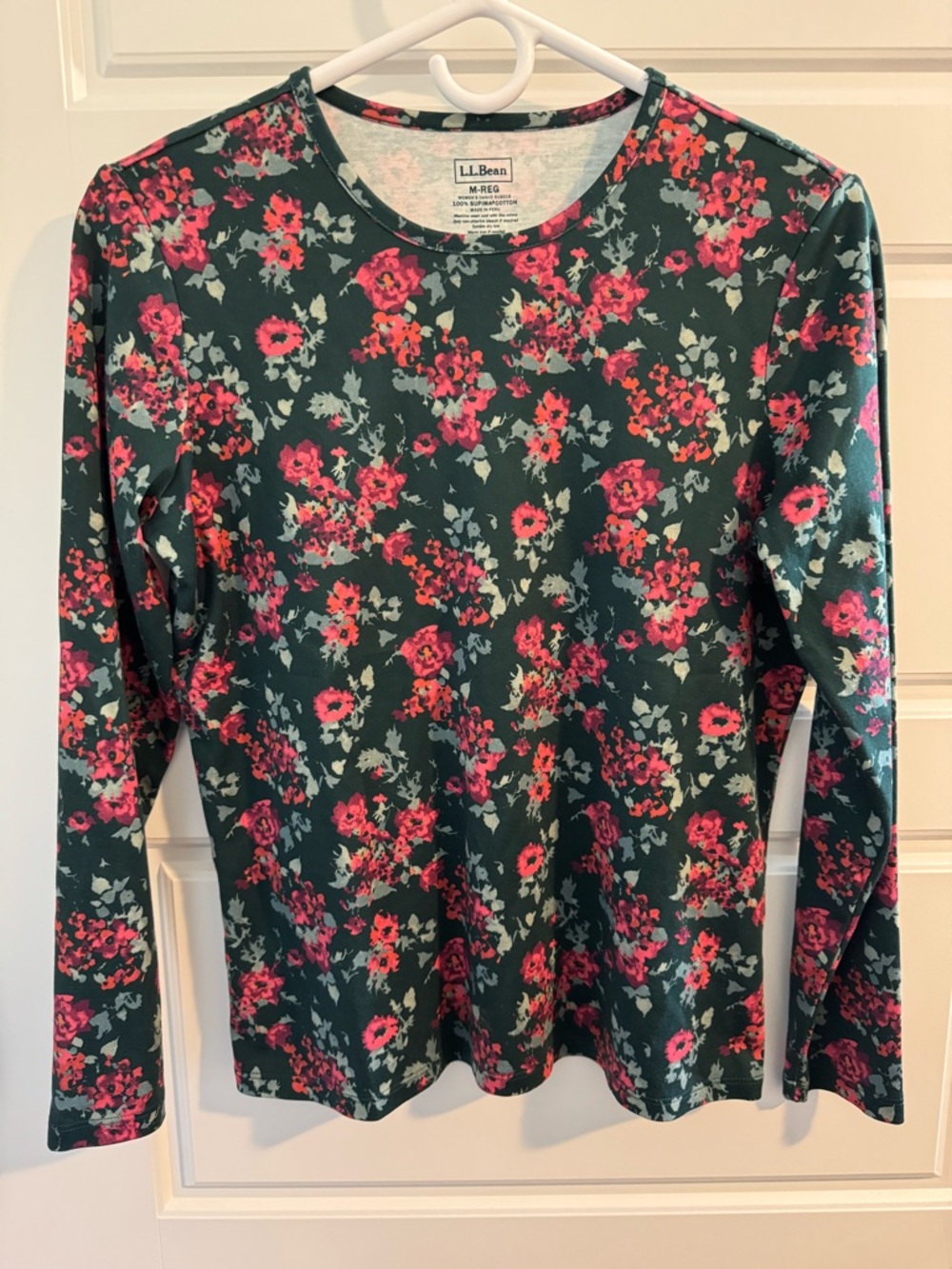 L.L. Bean 100% Supima Cotton Long Sleeve Shirt, Green Flowered Print, Size M